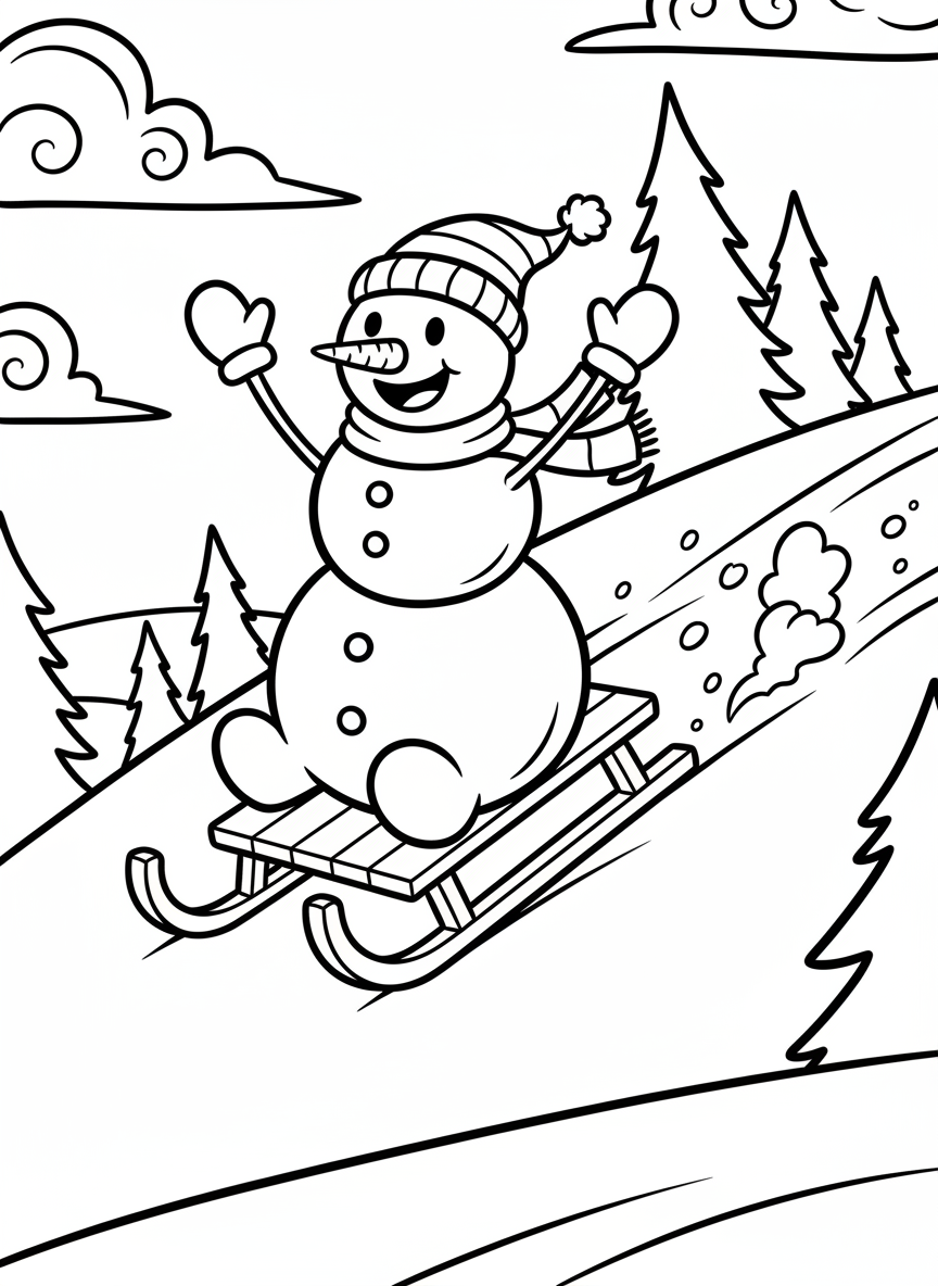 A snowman riding a sled down a snowy hill with arms raised in excitement, wearing a winter hat and mittens on stick hands.