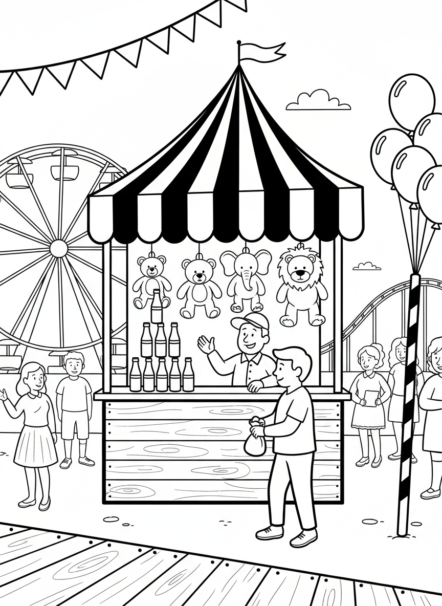 A carnival game booth with stacked milk bottles, prizes hanging above, and a festive striped awning.
