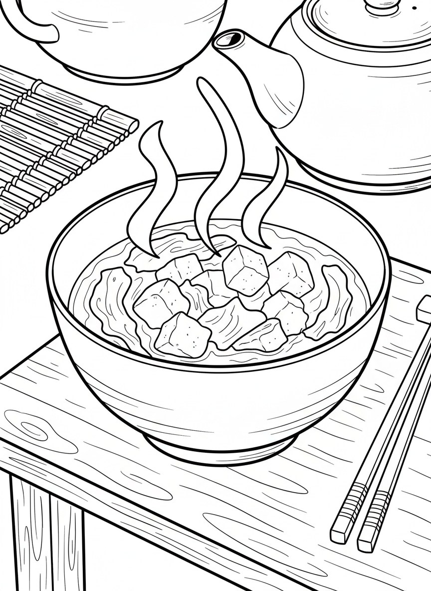 A steaming bowl of miso soup with tofu cubes and seaweed floating on top, simple composition