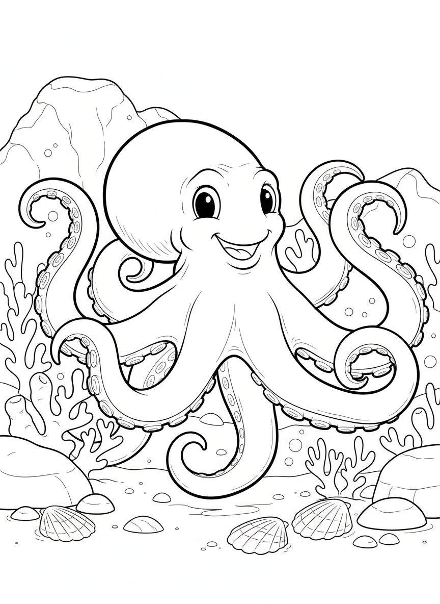 A smiling octopus with eight curling tentacles, sitting on the ocean floor with shells nearby