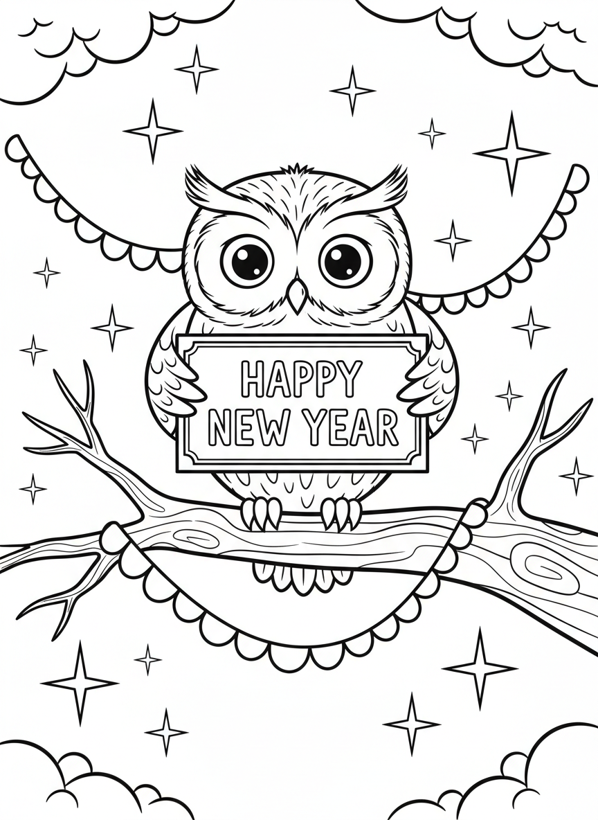 A cute owl perched on a branch holding a 'Happy New Year' sign, surrounded by twinkling stars and festive garland