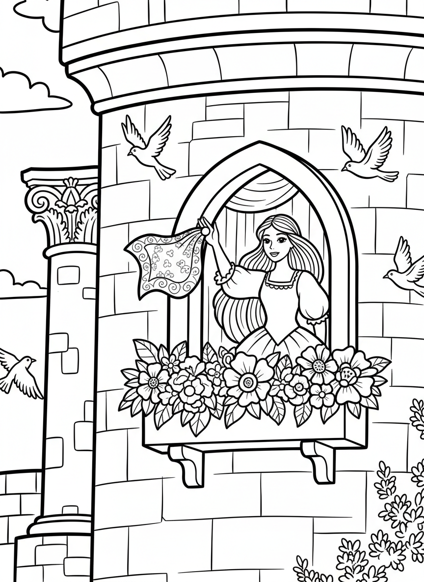 A castle tower window with a princess waving a handkerchief, flowers in a window box, and birds flying nearby.