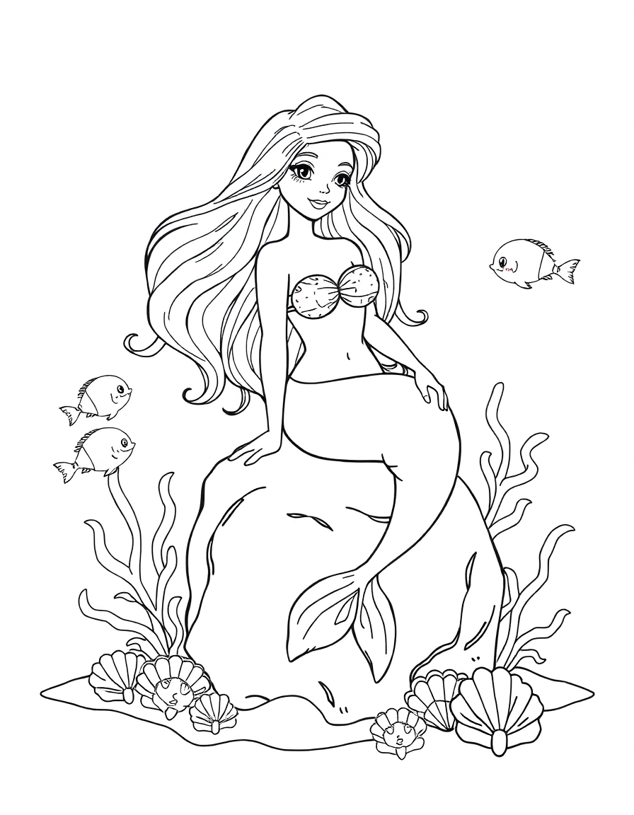 A beautiful mermaid with flowing hair, sitting on a rock in the ocean, surrounded by friendly fish and seashells.
