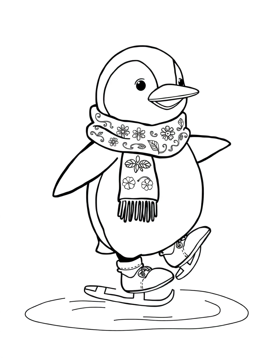 Skating Penguin: A chubby penguin wearing a knit scarf and ice skates, gliding on one foot across a frozen pond.