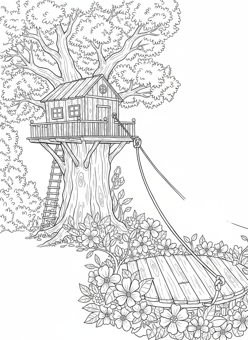 A treehouse with a zip line attached, leading down to a landing platform decorated with flowers.