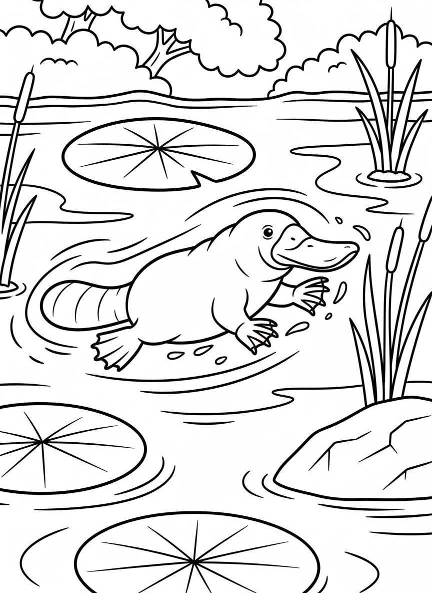 A platypus swimming gracefully in a pond with lily pads and reeds, showing its distinctive duck bill and beaver tail.