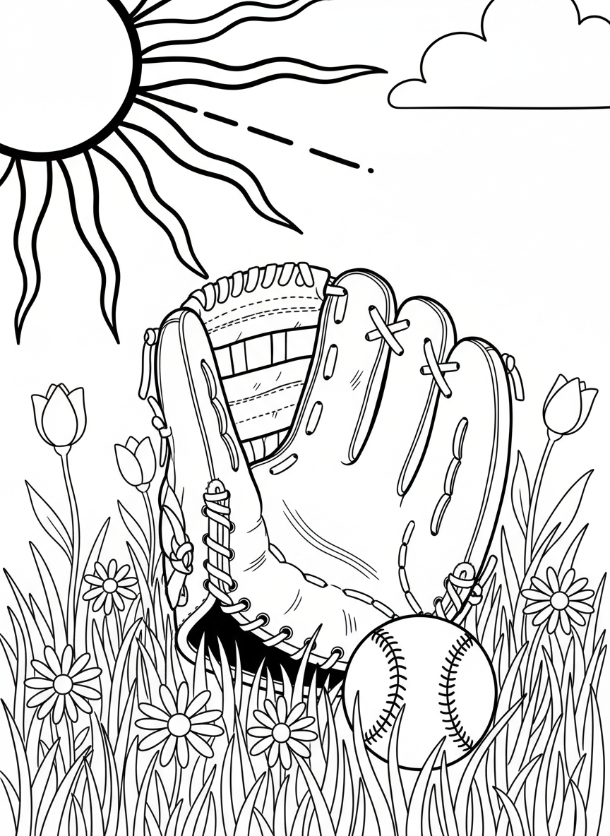 A baseball glove lying in green grass with a baseball nestled inside, spring sunshine and simple flowers around it.