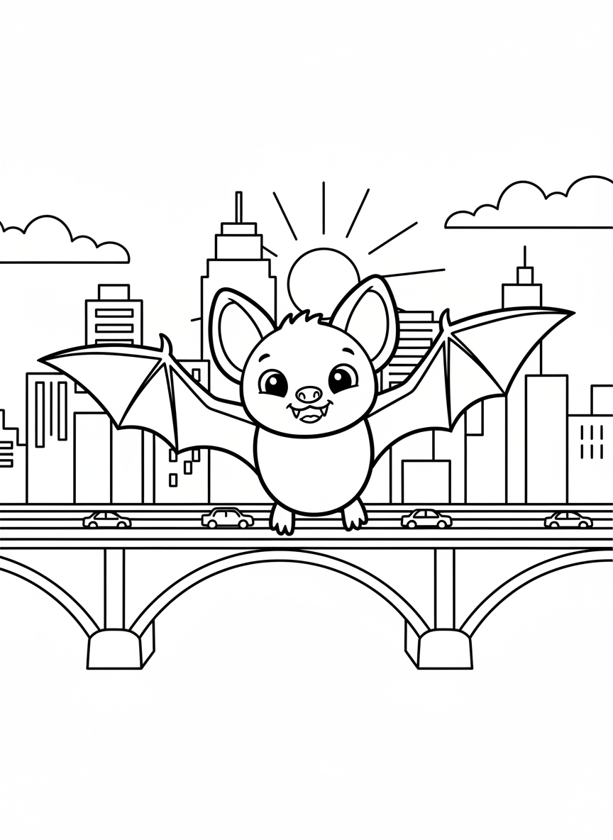 A friendly cartoon bat flying over the Congress Avenue Bridge at sunset, with simple city skyline in the background, line art coloring page