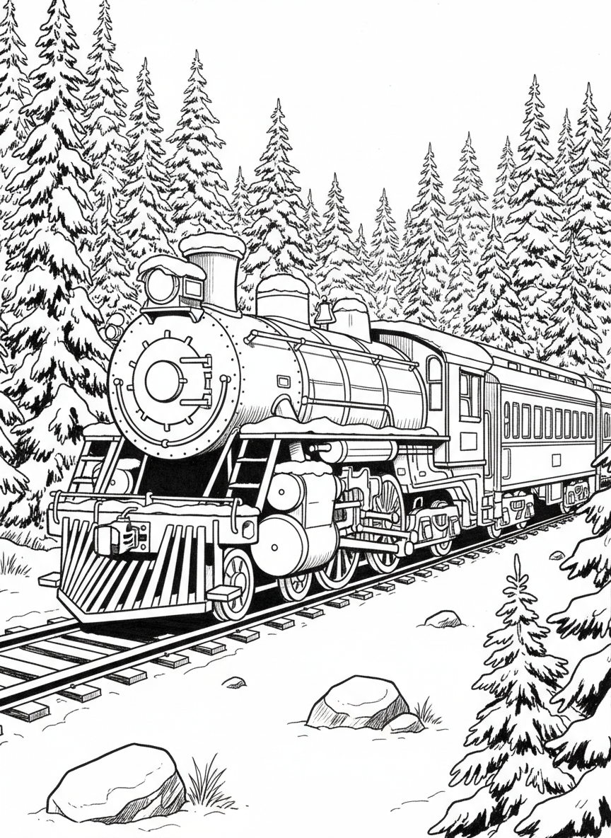 A snowy railroad scene with a train moving through a forest covered in snow while warm lights glow from the train windows.