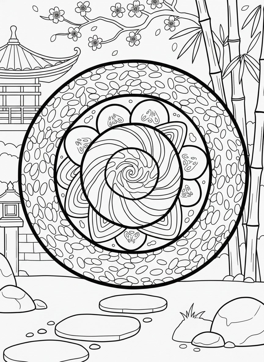 A large decorative sushi roll cross-section showing the spiral pattern of rice, fish, cucumber, and avocado inside
