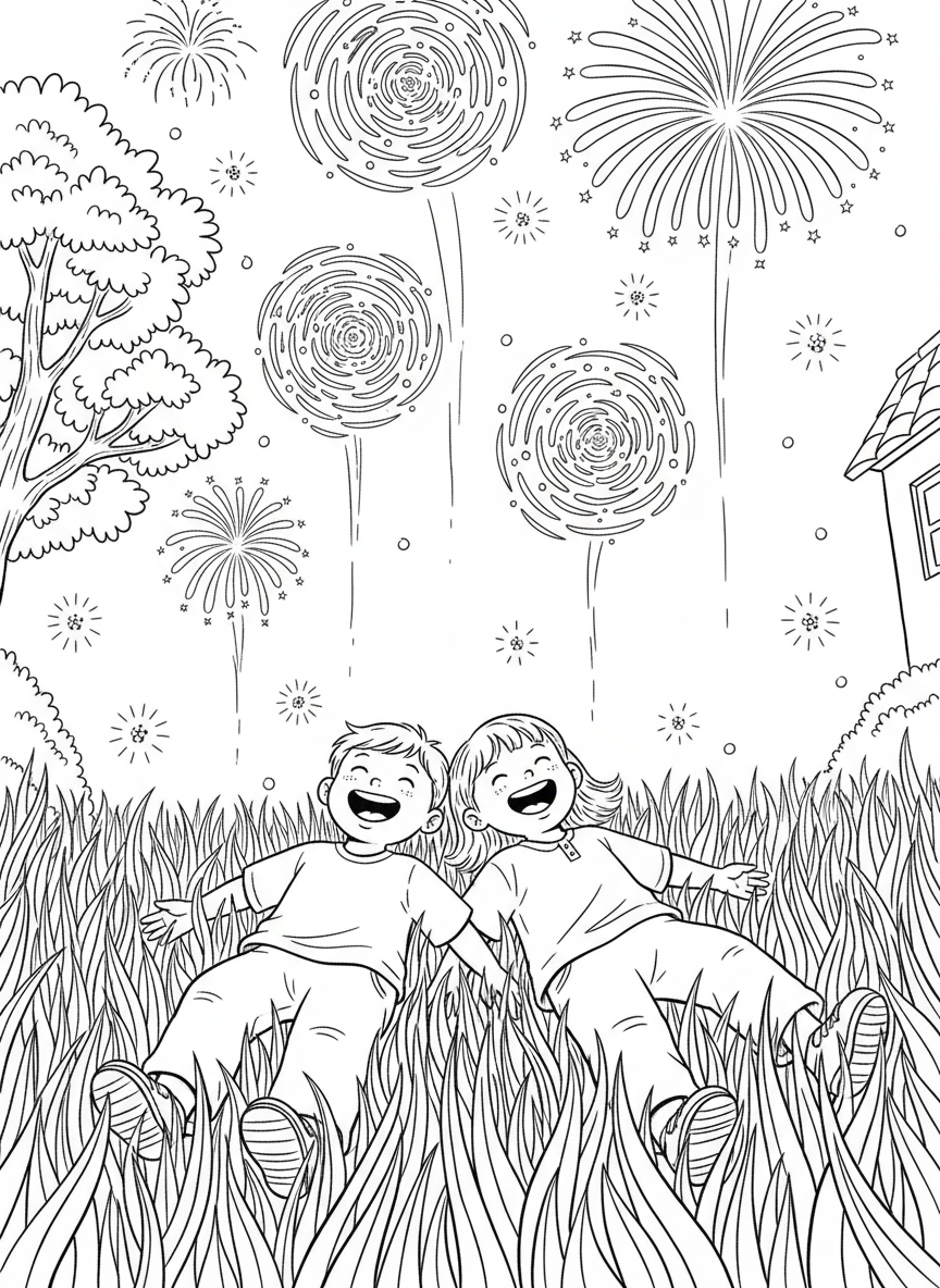 Two kids lying on their backs in the grass looking up at the sky, with fireworks above and fireflies glowing around them.