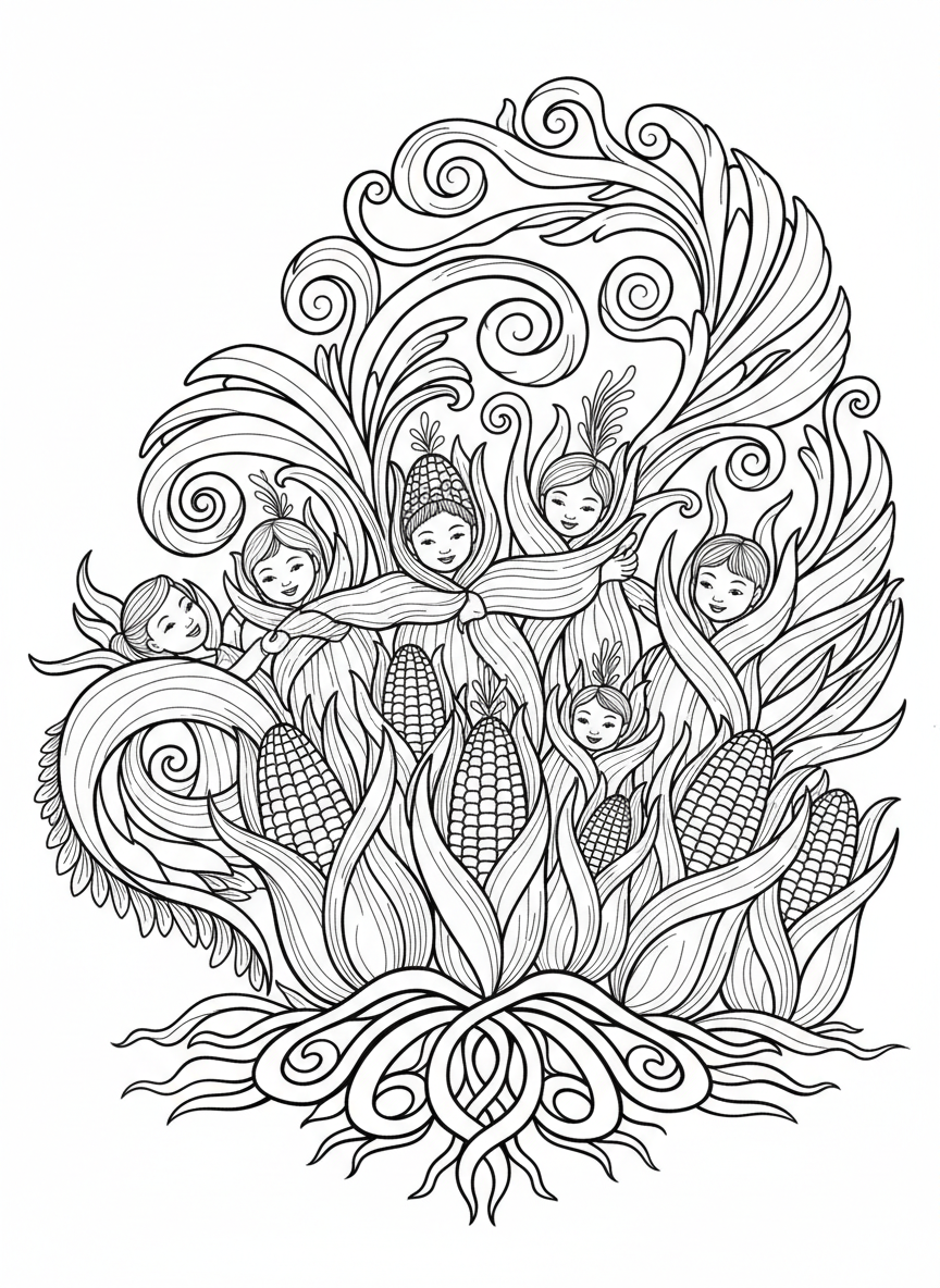 Ears of corn (Muhindi) arranged in a decorative pattern with leaves and husks, representing children and future generations.