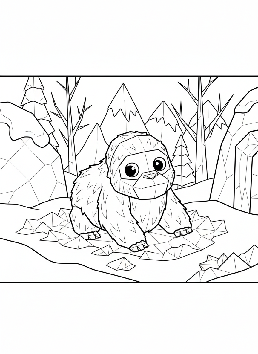 A cute origami baby yeti with fuzzy geometric paper folds and big eyes, playing in paper-fold snow, line art style