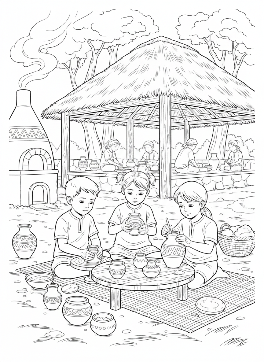Children making pottery together with clay pots of different sizes and simple decorative patterns, hands-on cultural activity scene