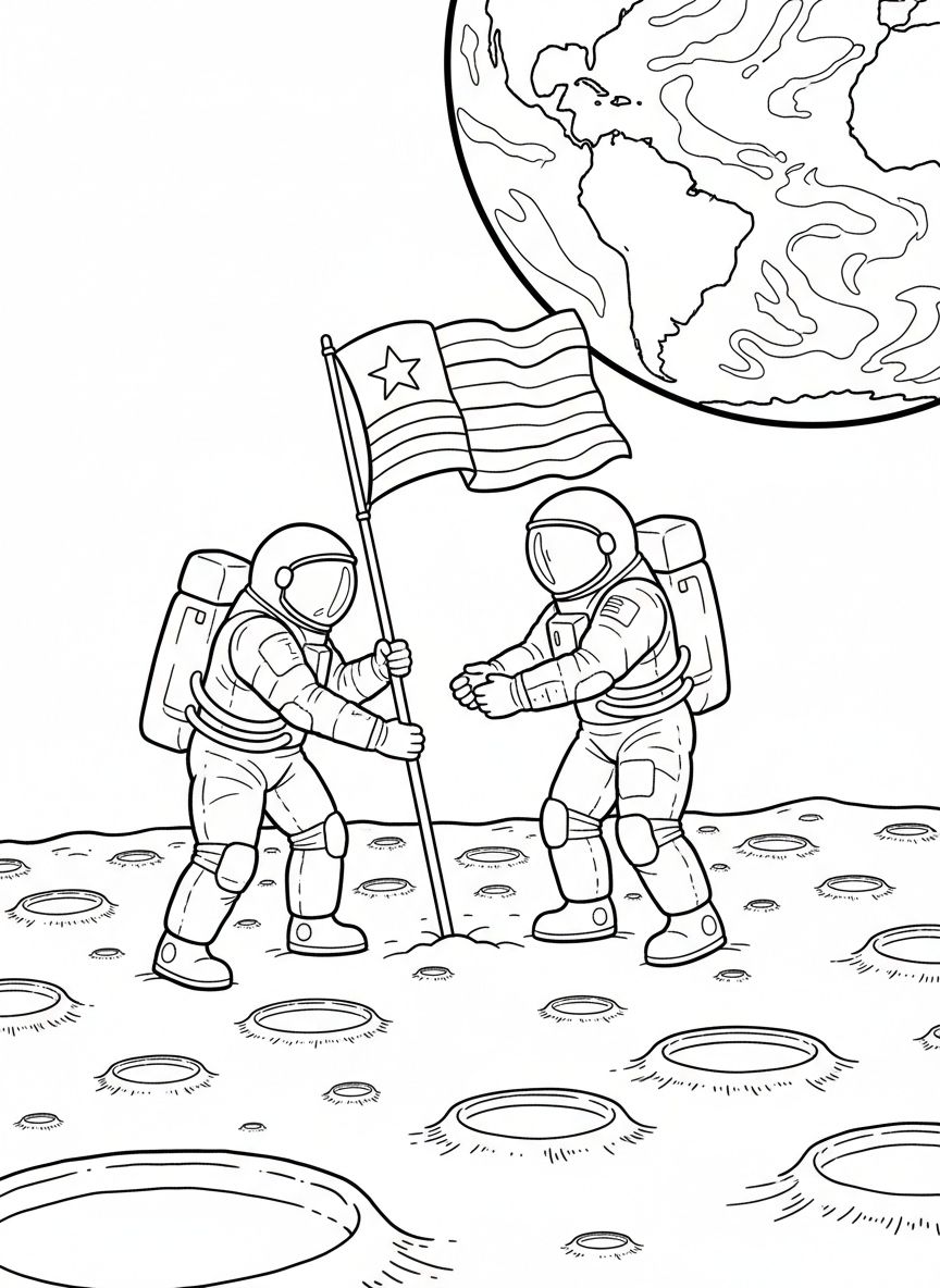 Two astronauts planting a flag on the moon's surface, with craters and Earth visible in the sky above them