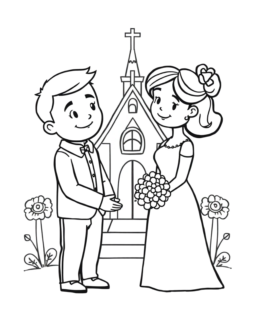 two people getting married with a church in the background