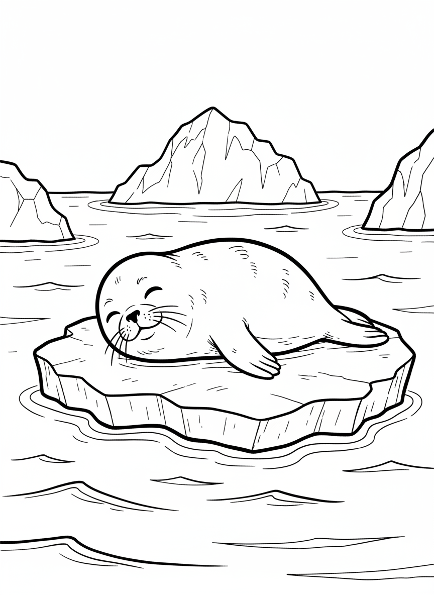 A playful seal pup resting on an ice chunk floating in calm water, with simple waves and a distant iceberg.