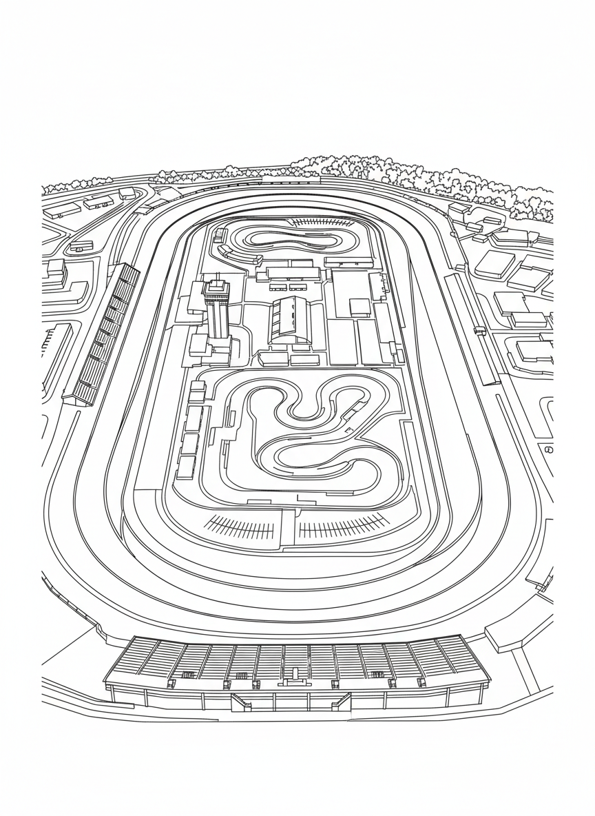 Aerial view of the famous Indianapolis Motor Speedway oval track showing the distinctive rectangular shape with rounded corners and infield.