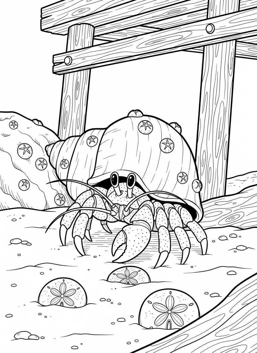 A hermit crab peeking out from its spiral shell, with tiny barnacles attached to the shell and sand dollars nearby