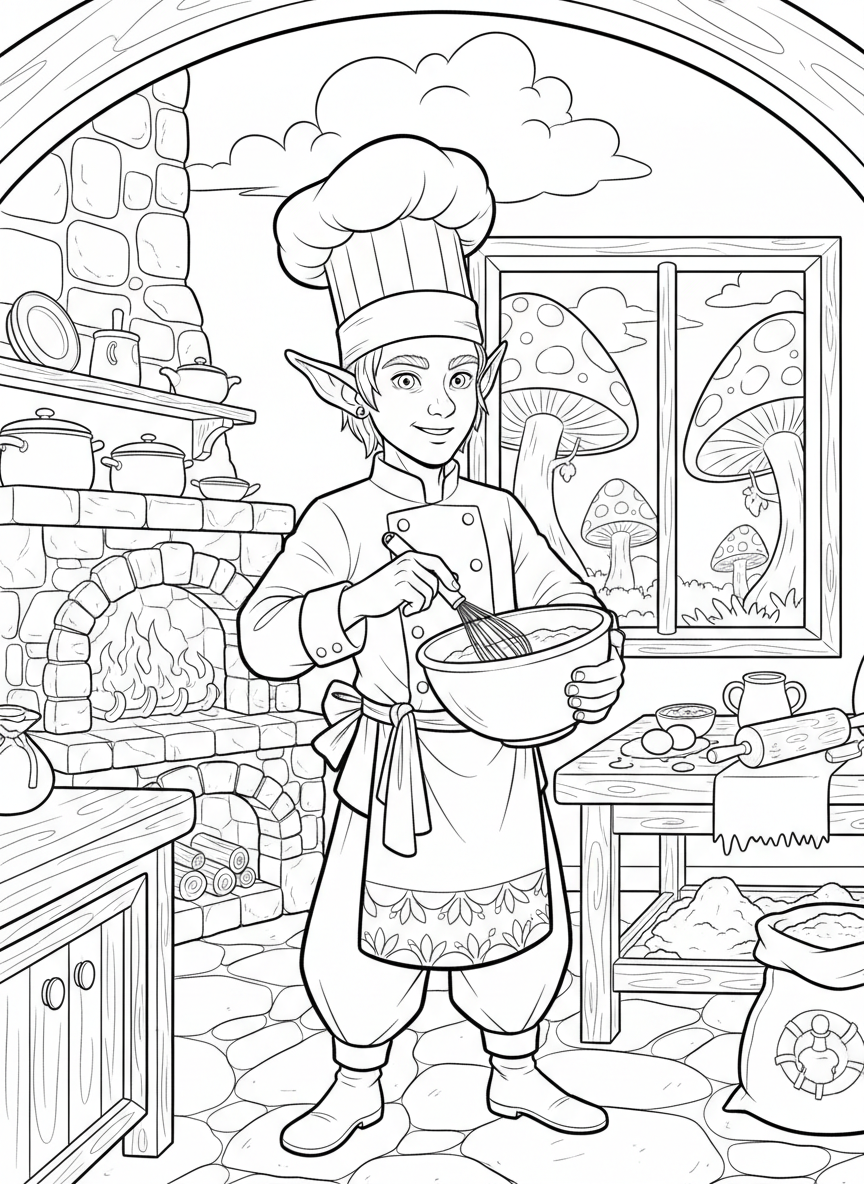A fantasy character with pointy ears dressed as a chef with a tall hat, holding a mixing bowl, fun coloring page
