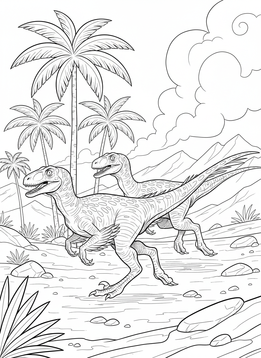 Two Velociraptors running side by side across an open plain, with detailed feathers and alert expressions.