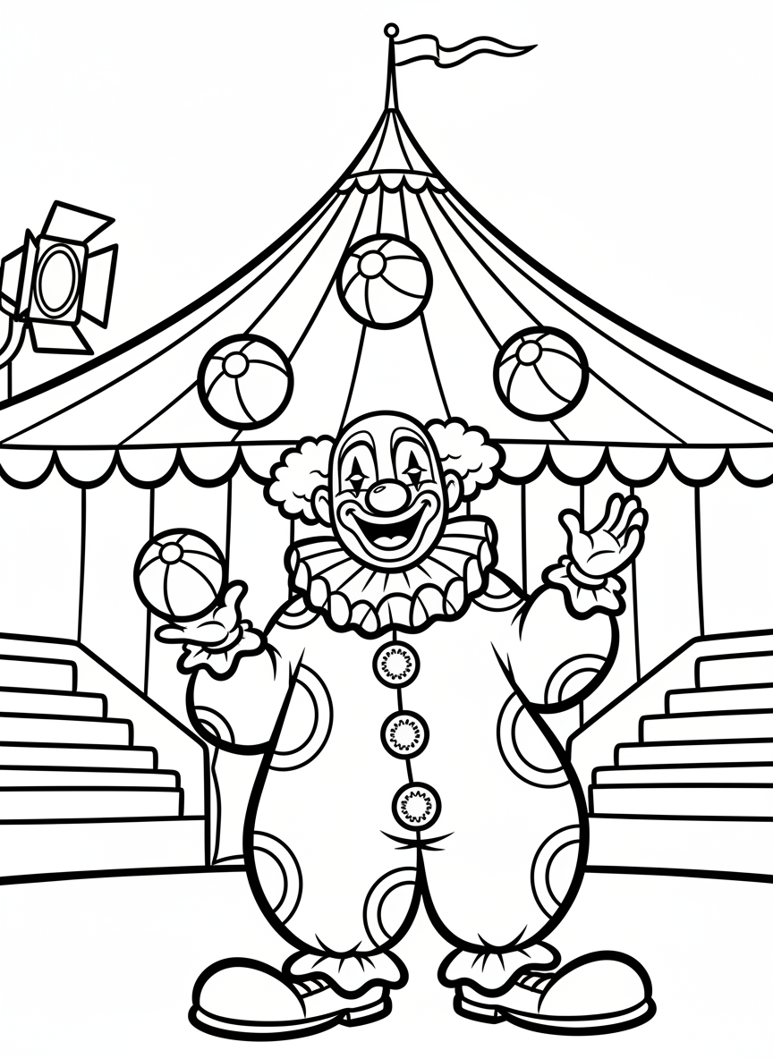 A cheerful clown juggling colorful balls under the big top circus tent, with simple round shapes and a smiling face.