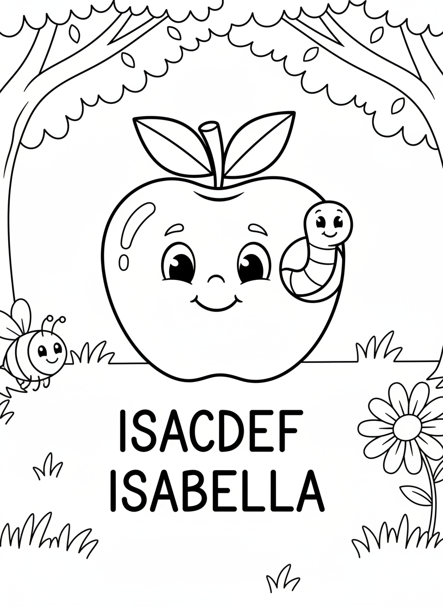 A smiling apple with a worm peeking out, three handwriting rows with dashed letters spelling 'ISABELLA', clean coloring page design