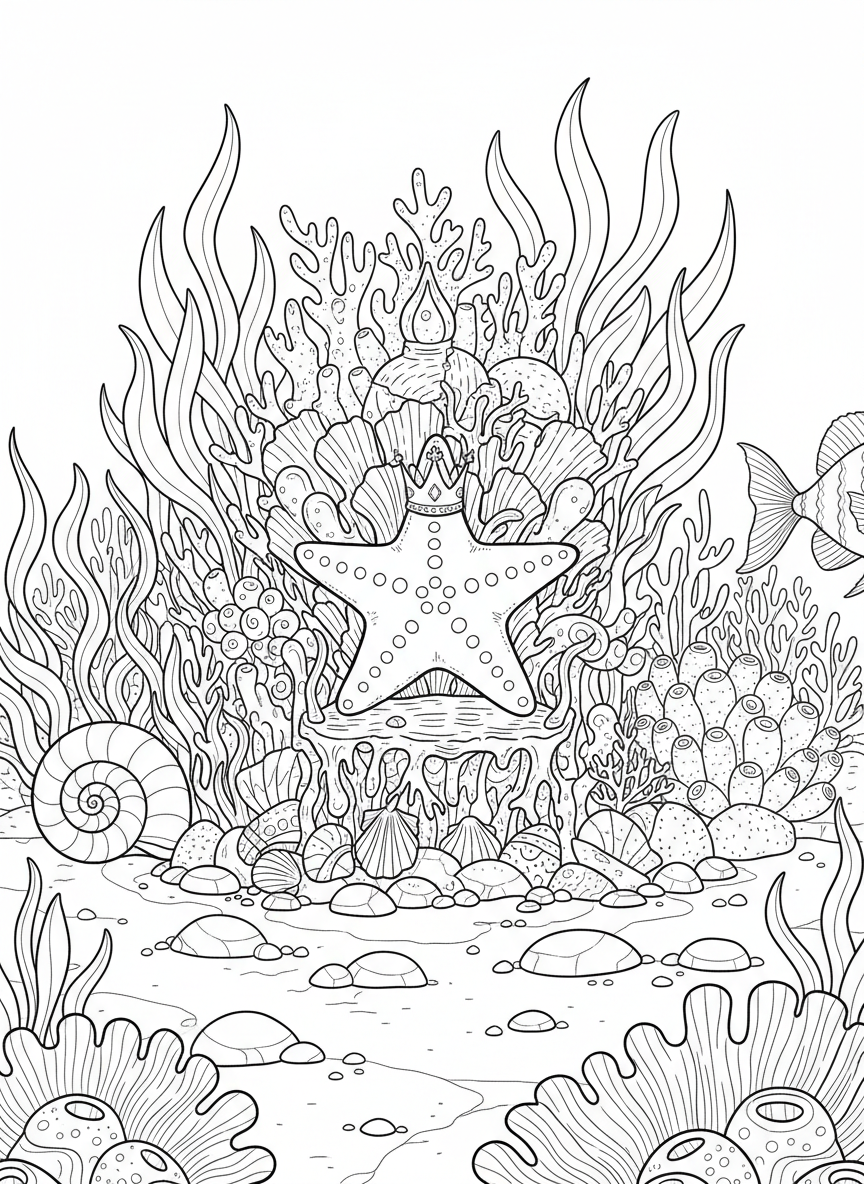 A starfish wearing a tiny crown, sitting on a throne made of shells and coral, playful underwater royalty theme.