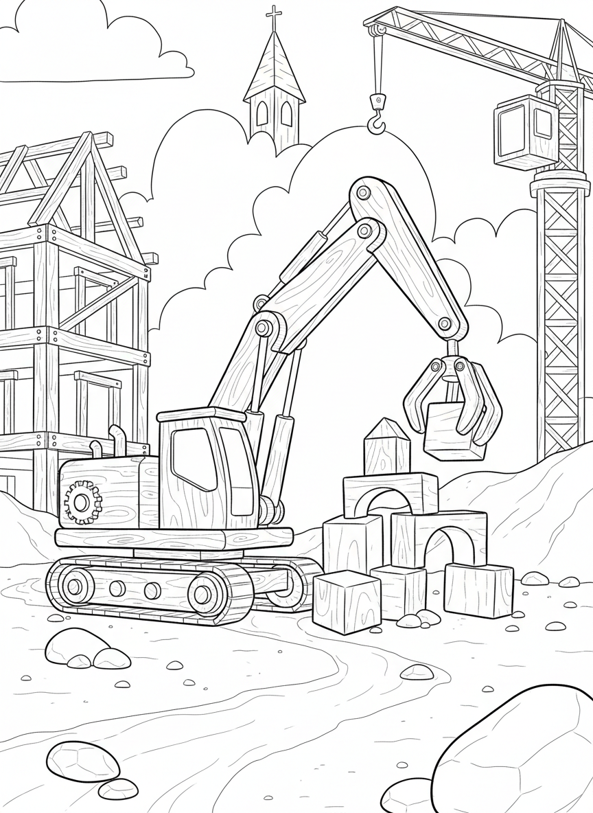 A whimsical wooden toy excavator with movable arm, working at a construction site with building blocks, artisan line art design