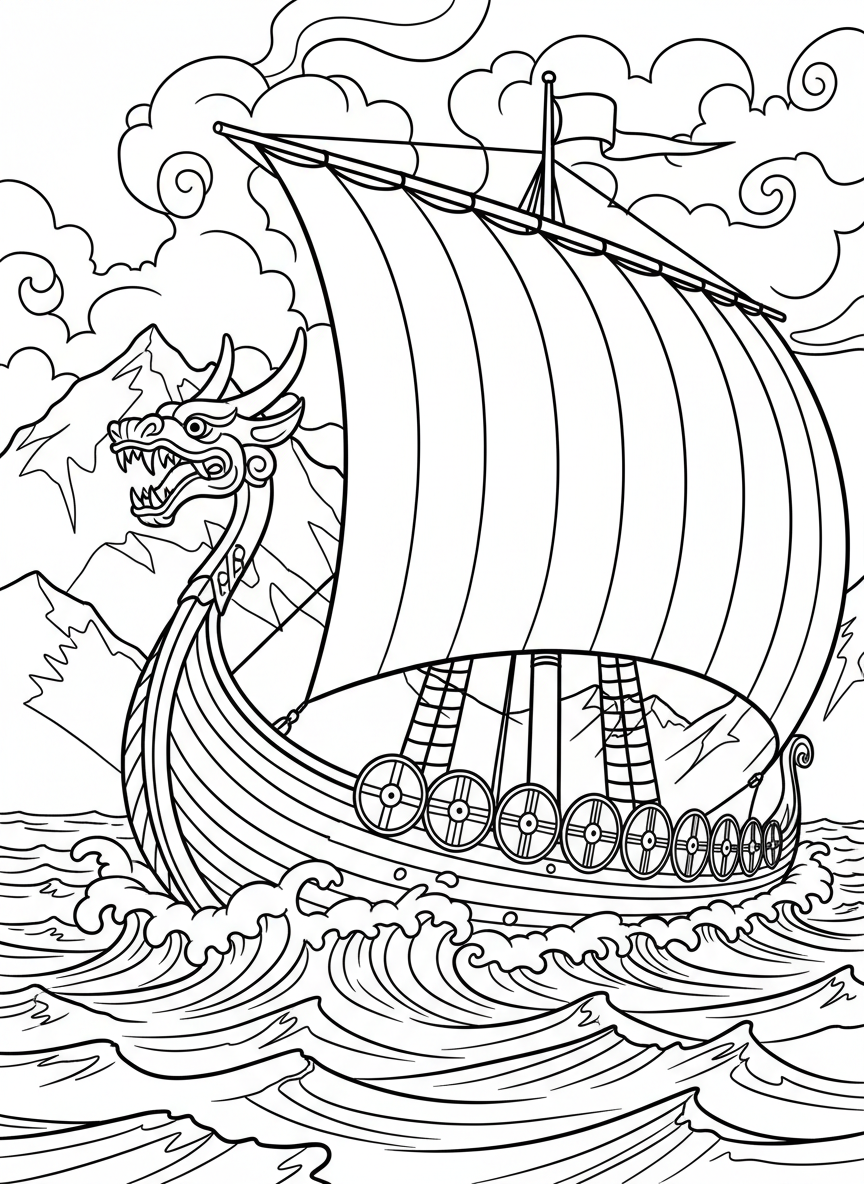 A Viking longship with a dragon head at the front, shields along the sides, and a striped sail billowing in the wind.