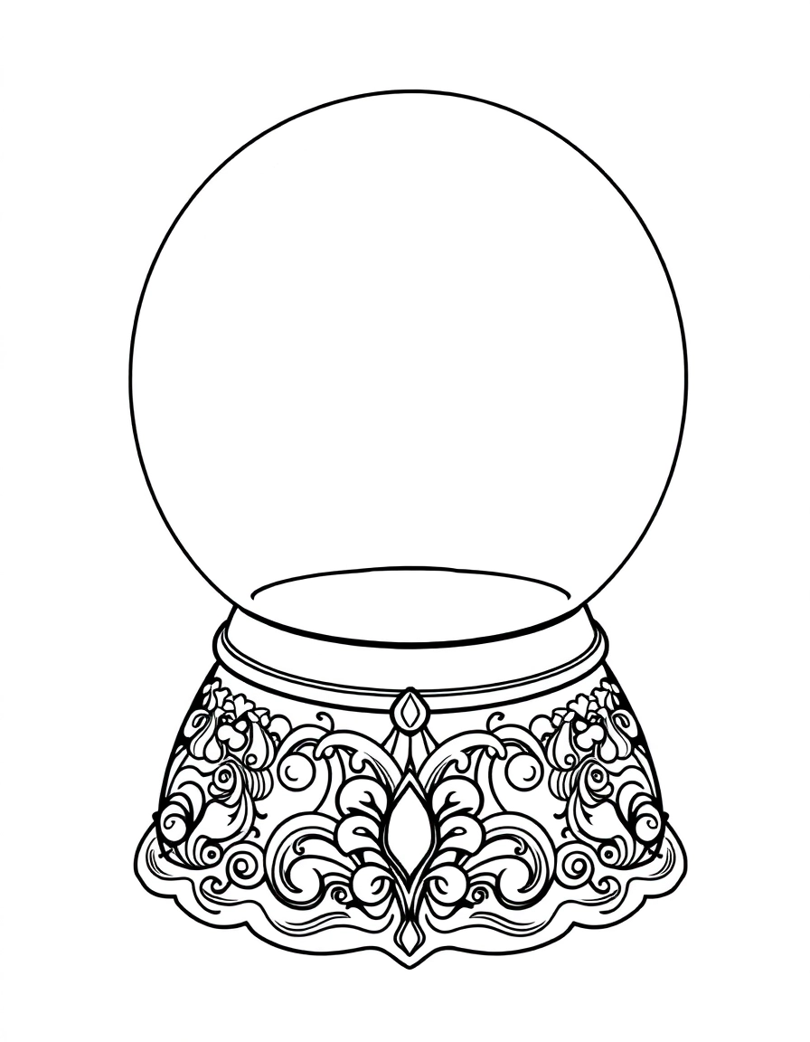 snow globe: Ornate Base: A focus on the base of the snow globe, which is decorated with intricate scrollwork and gems for detailed coloring, holding a simple glass sphere.