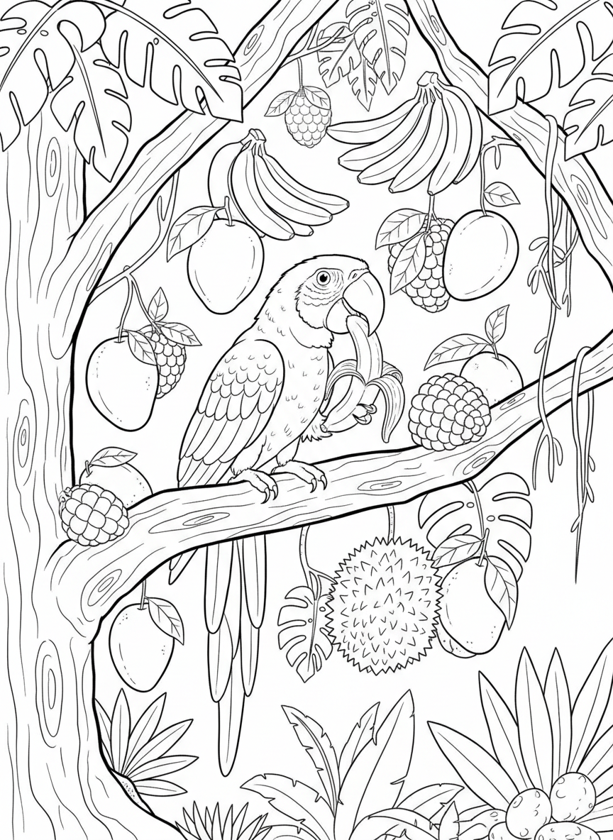 A parrot eating tropical fruit from a branch, with bananas, mangoes, and other jungle fruits visible around it.
