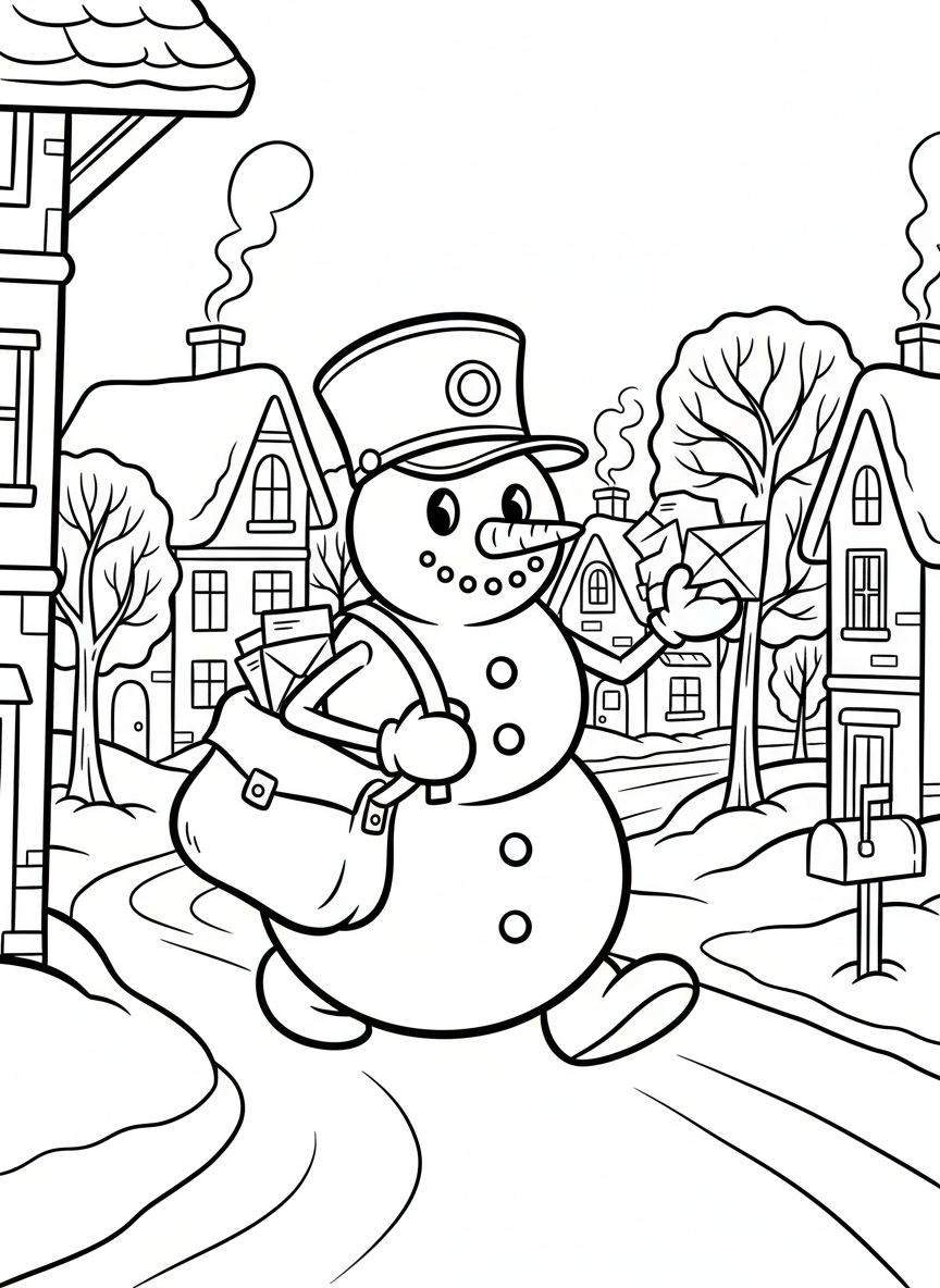 A snowman mailman delivering letters, carrying a mail bag and wearing a postal cap, walking through a snowy village street.