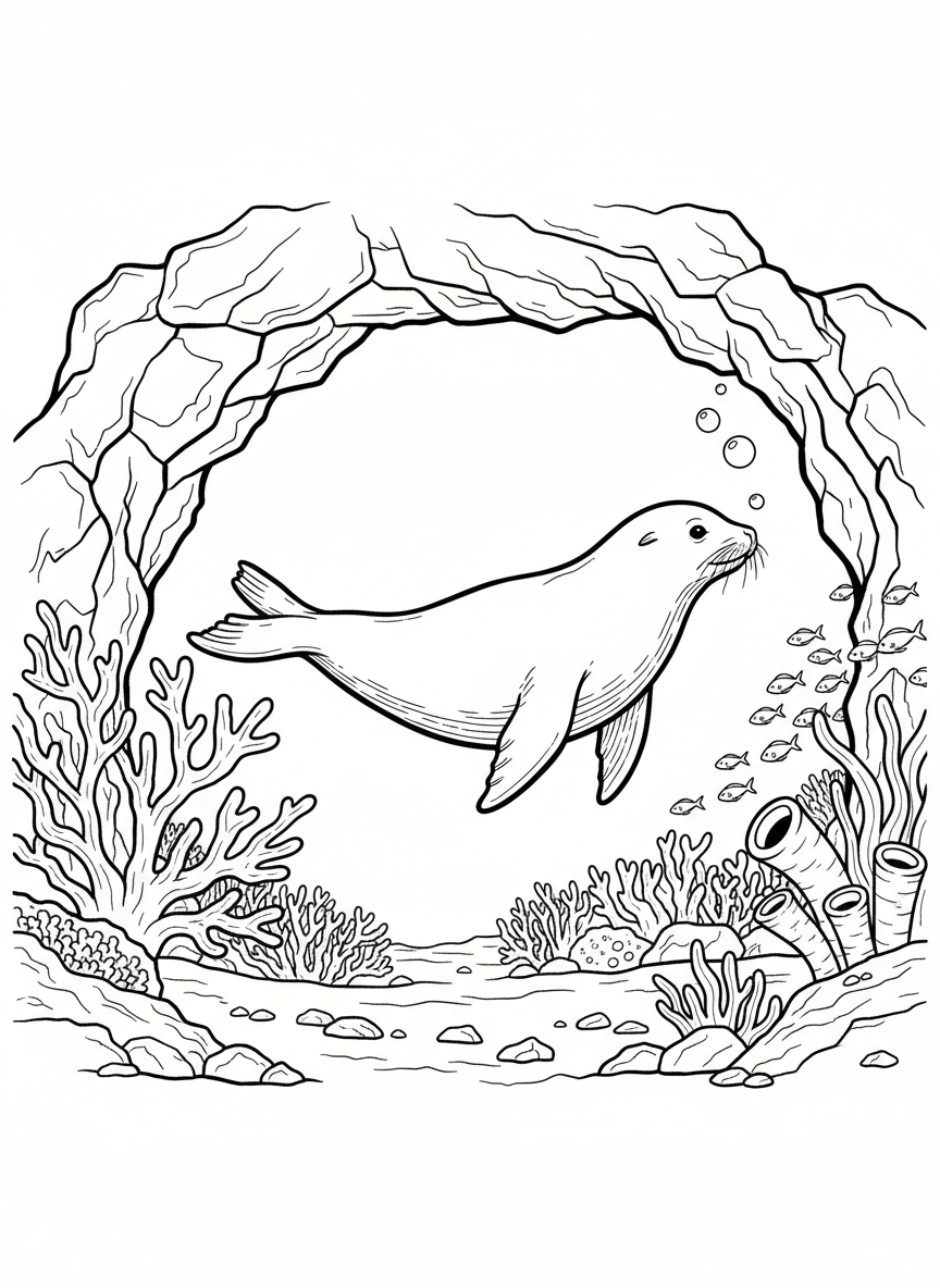 An underwater cave exit opening to a coral reef beyond, with a sea lion swimming through the archway surrounded by bubbles