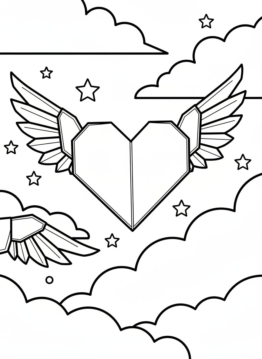An origami heart with angel wings made from folded paper, floating among clouds and small stars.