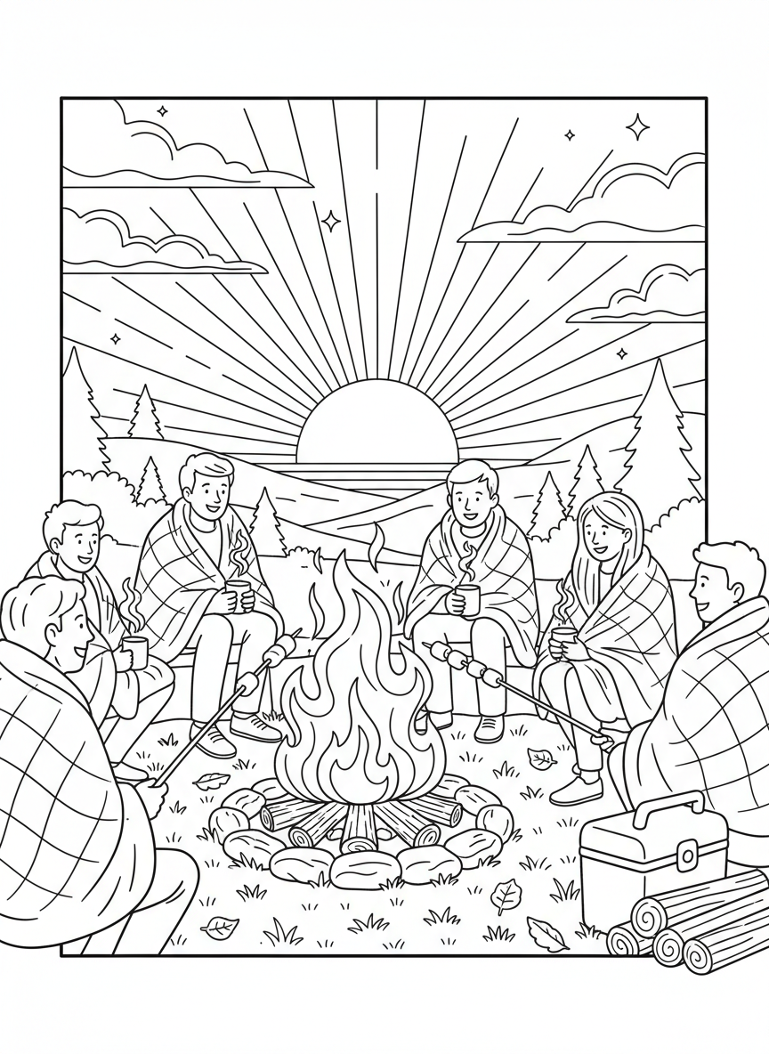 Labor Day coloring page prompts celebrating the close of summer, long-weekend relaxation, outdoor gatherings, and community spirit.	A sunset bonfire gathering with glowing embers and people wrapped in light blankets as summer fades gently into fall.