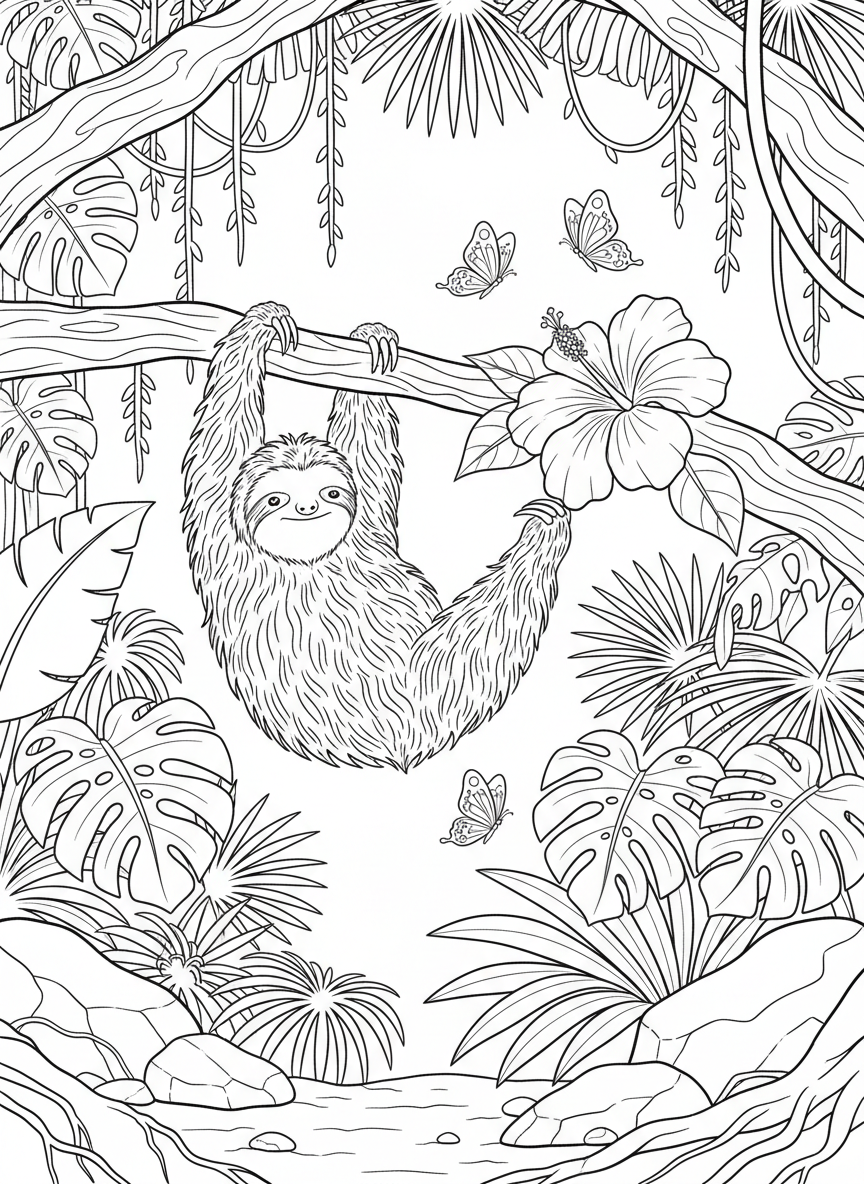 A sloth slowly reaching for a hibiscus flower, with butterflies flying nearby and rainforest plants in the background
