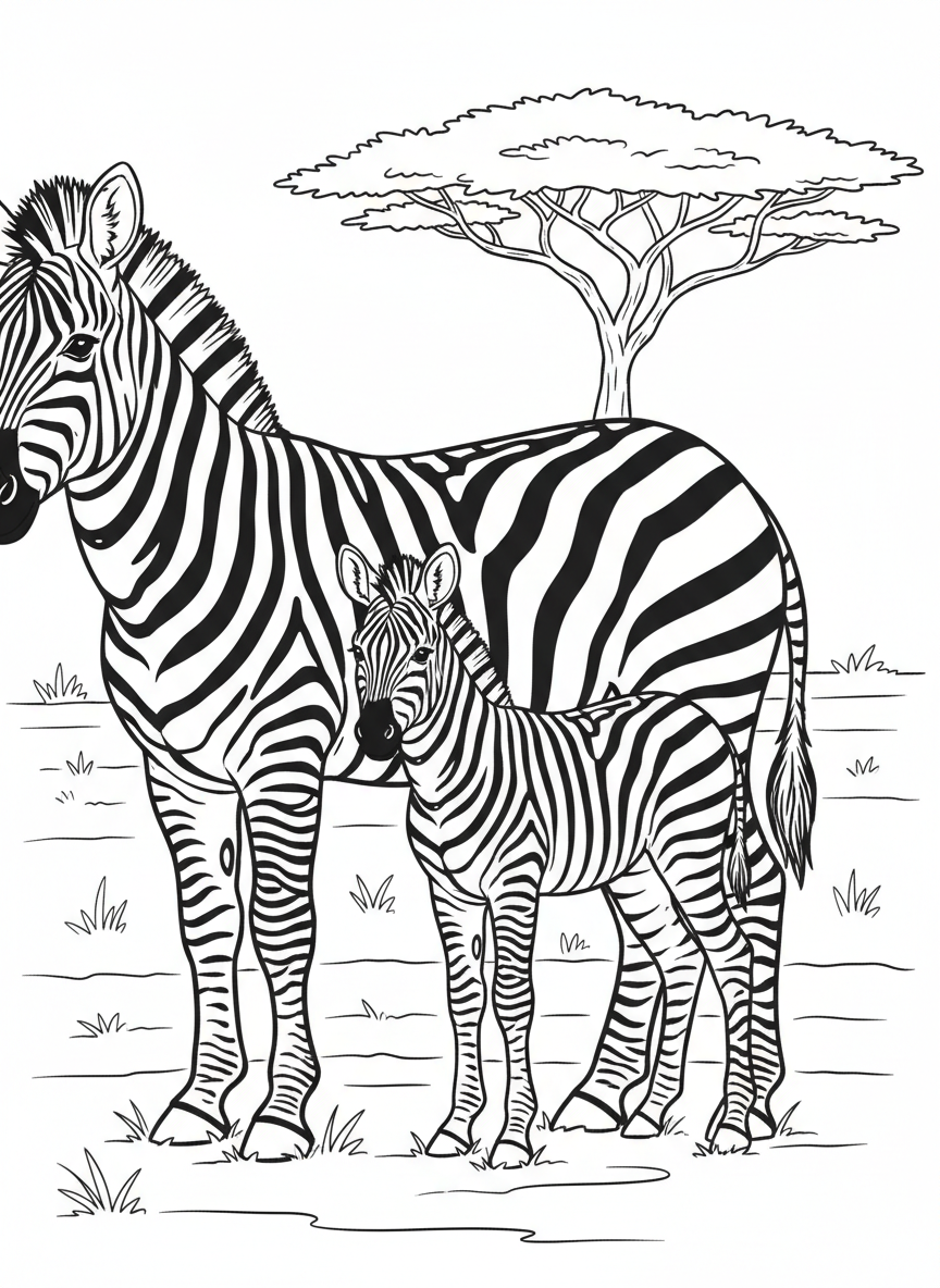 A zebra family with parent and baby standing side by side, matching stripes, simple savanna background with one acacia tree outline