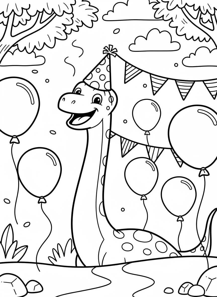 A cheerful Diplodocus wearing a party hat, surrounded by balloons and bunting flags, fun celebration scene