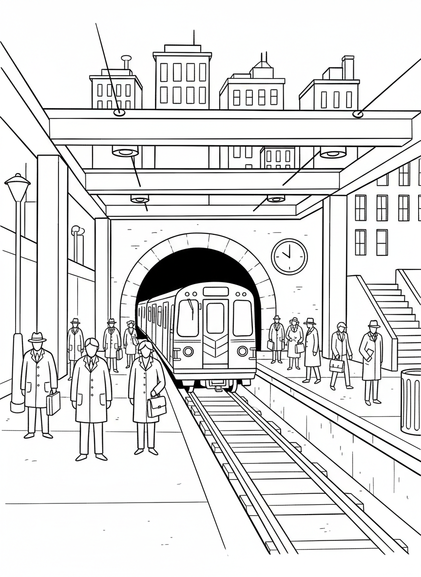 A subway train emerging from an underground tunnel in a city setting with platform and waiting commuters