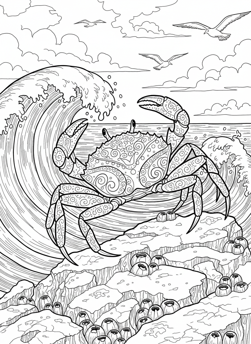 A large shore crab with intricate shell details standing on a rock, with ocean waves and seagulls in the distant background.