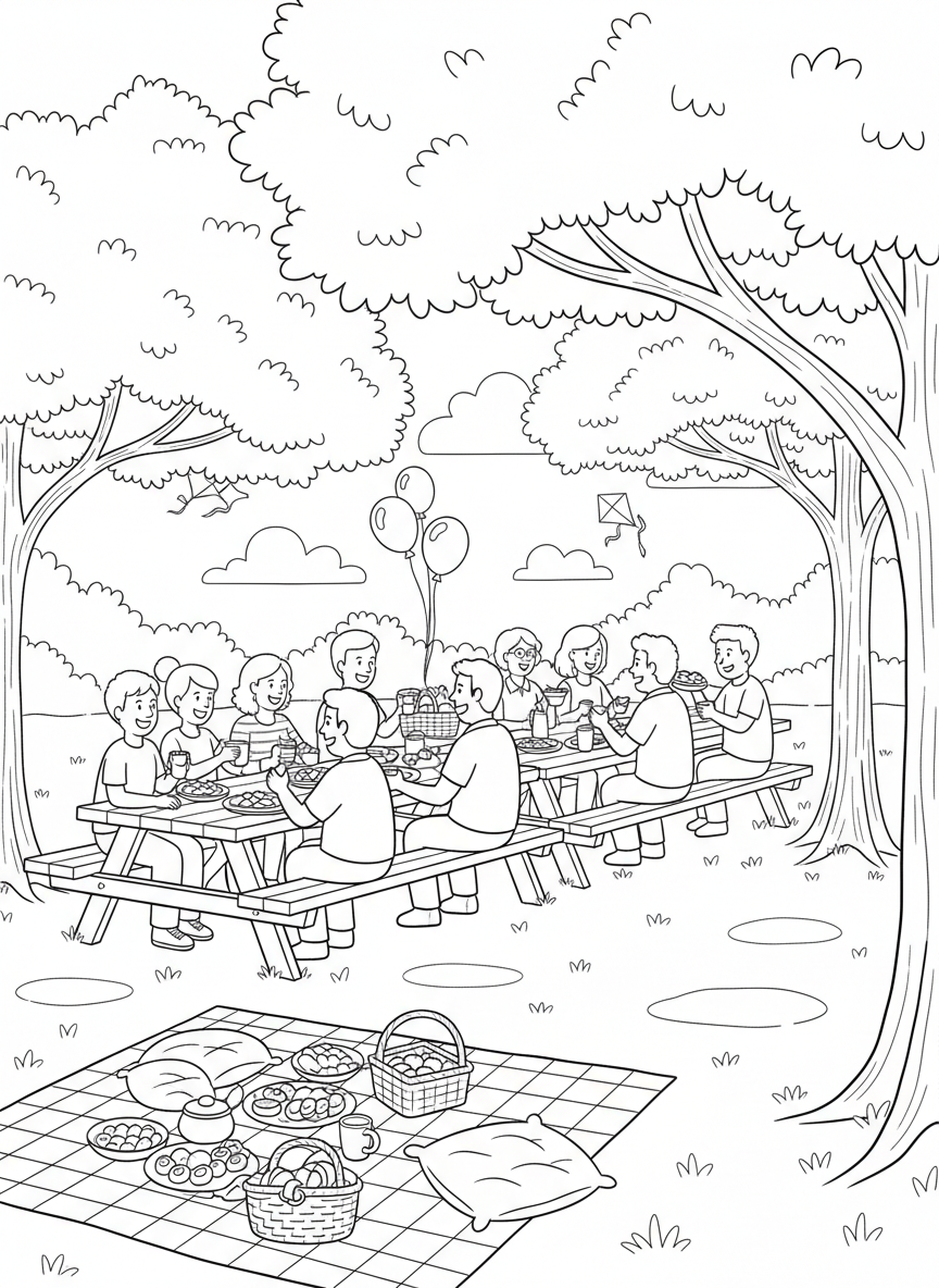 Labor Day Picnic coloring page prompts celebrating late-summer gatherings, relaxation, and seasonal transition.	Picnic tables arranged beneath trees as groups share food and conversation in the mild afternoon light.