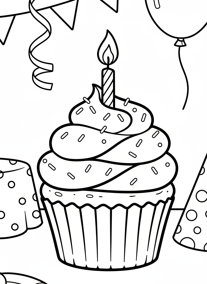 A close-up of a birthday cupcake with swirled frosting, sprinkles, and a lit candle on top.