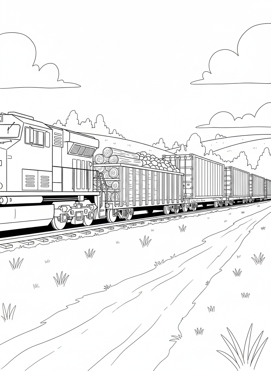 A freight train with multiple cargo cars carrying different goods like logs, coal, and containers, moving along tracks through an open field.
