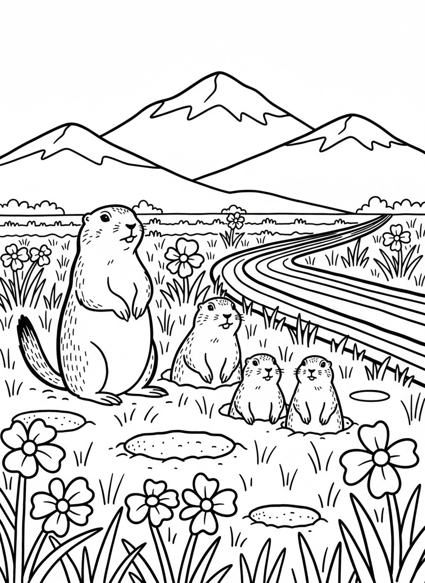 A family of prairie dogs popping out of their burrows in a Denver park with grass, wildflowers, and mountains in the distance.