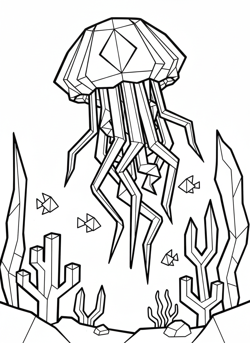 An origami jellyfish floating gracefully, with geometric bell-shaped head and long angular tentacles showing paper crease lines.