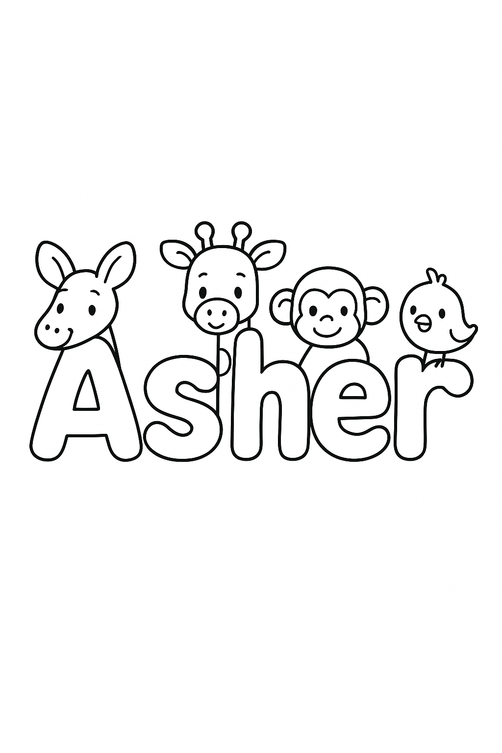 The name “Asher” in bubble letters with cartoon animals peeking out of each letter. make the name all on one line, only capitalize the first letter "A". all other letters should be lowercase