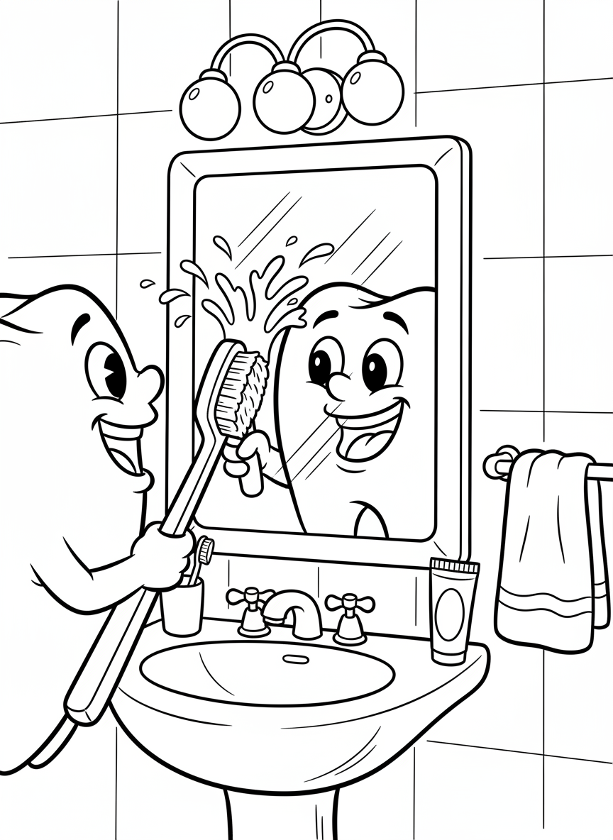 A detailed scene of a bathroom with a happy tooth character looking in the mirror while brushing