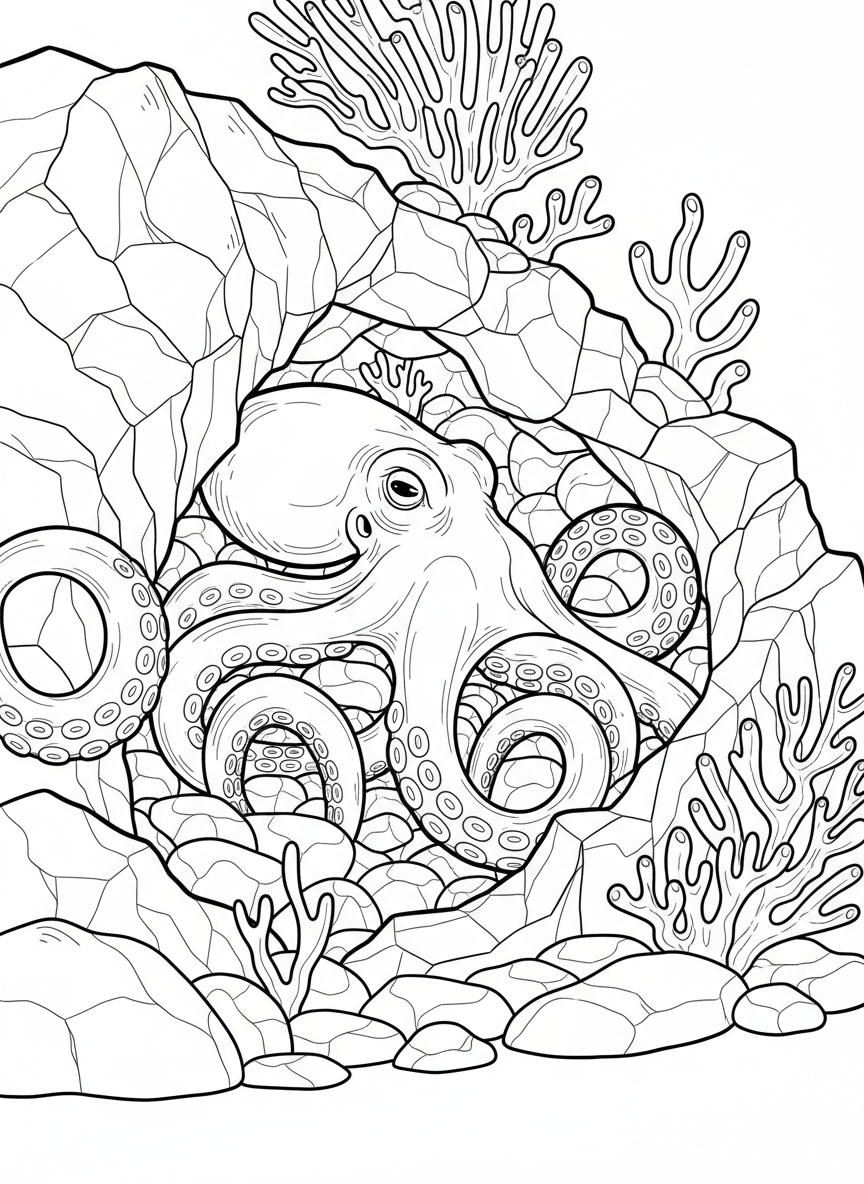 A detailed octopus hiding in a rocky crevice with its tentacles curled around stones and coral.