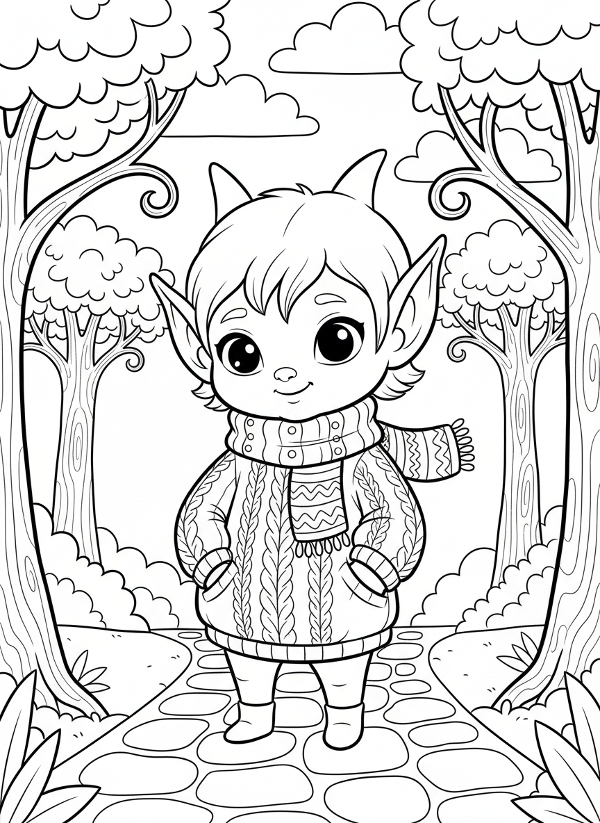 An adorable elf-like character with oversized ears wearing a cozy sweater and scarf, standing pose, simple coloring page design